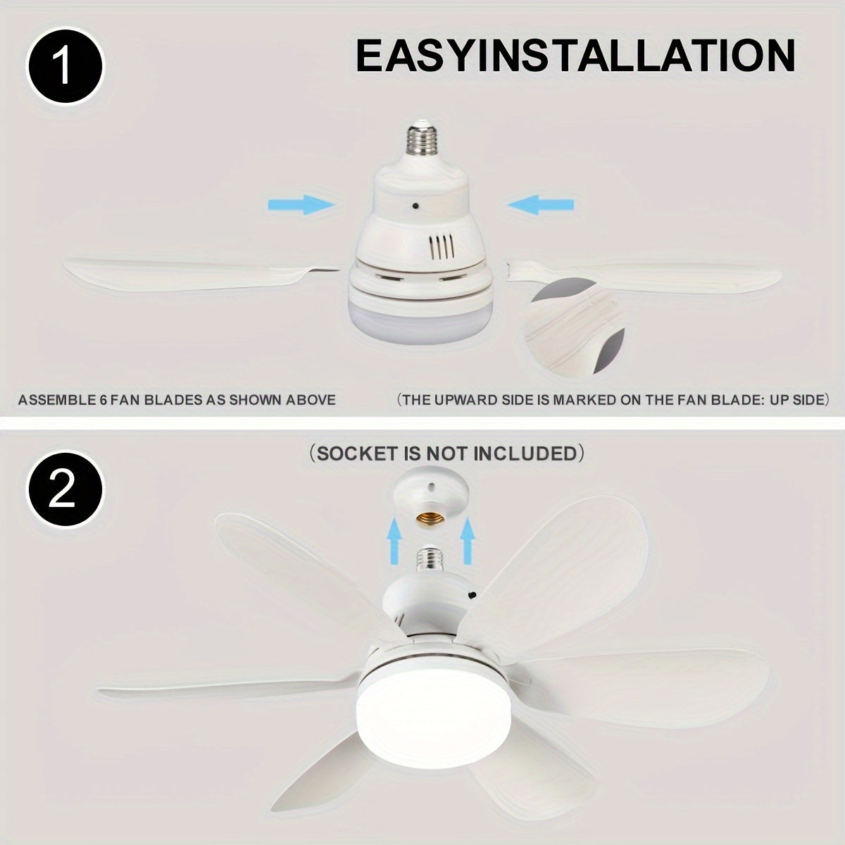 E27 vintli bazaga ega aqlli tavan fan lampasi, turli xonalar uchun uyda oson o'rnatish, uchta rang haroratini tanlash imkoniyati (issiq, oq), shovqinsiz ishlash, masofadan boshqarish pulti bilan ta'minlangan