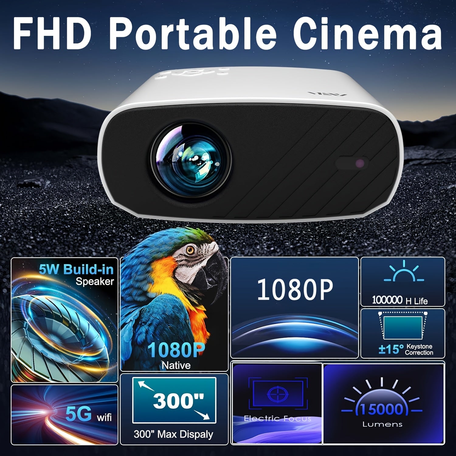 Full HD Portable Projector with WiFi and Electronic Focus for Home Theater