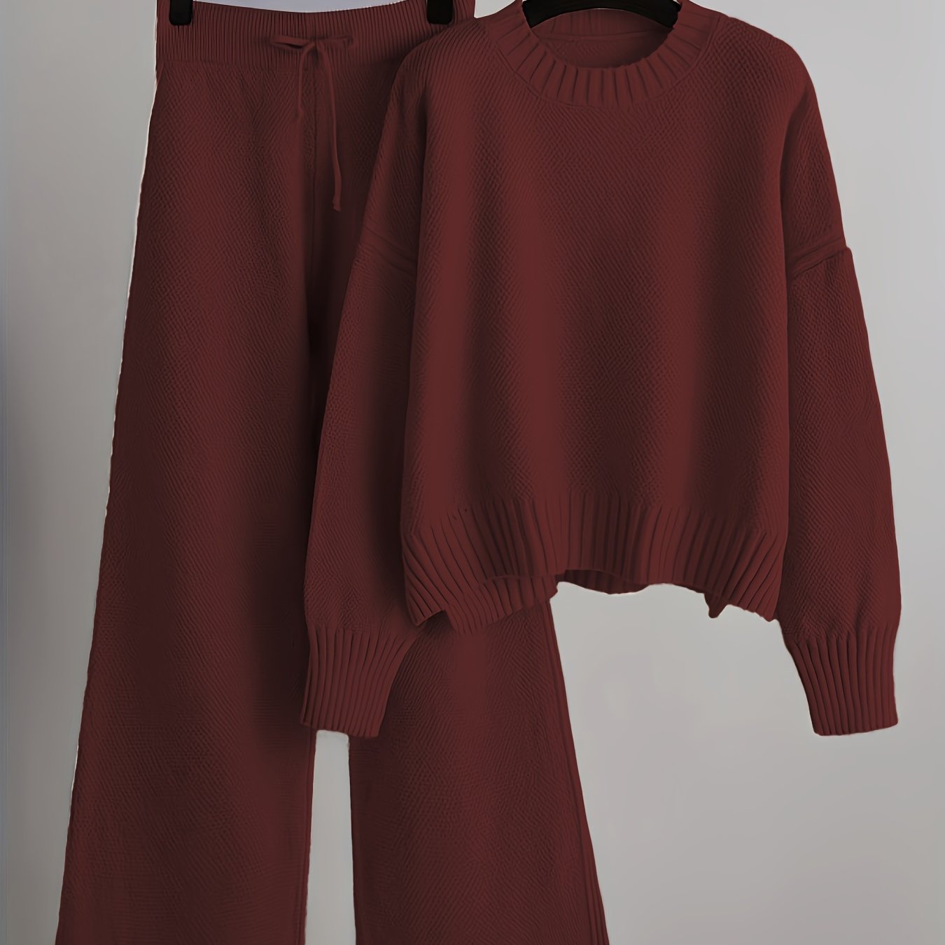 Women's Fall Winter Knit Suit Casual Long Sleeve Sweater Wide Leg Pants Solid Polyester
