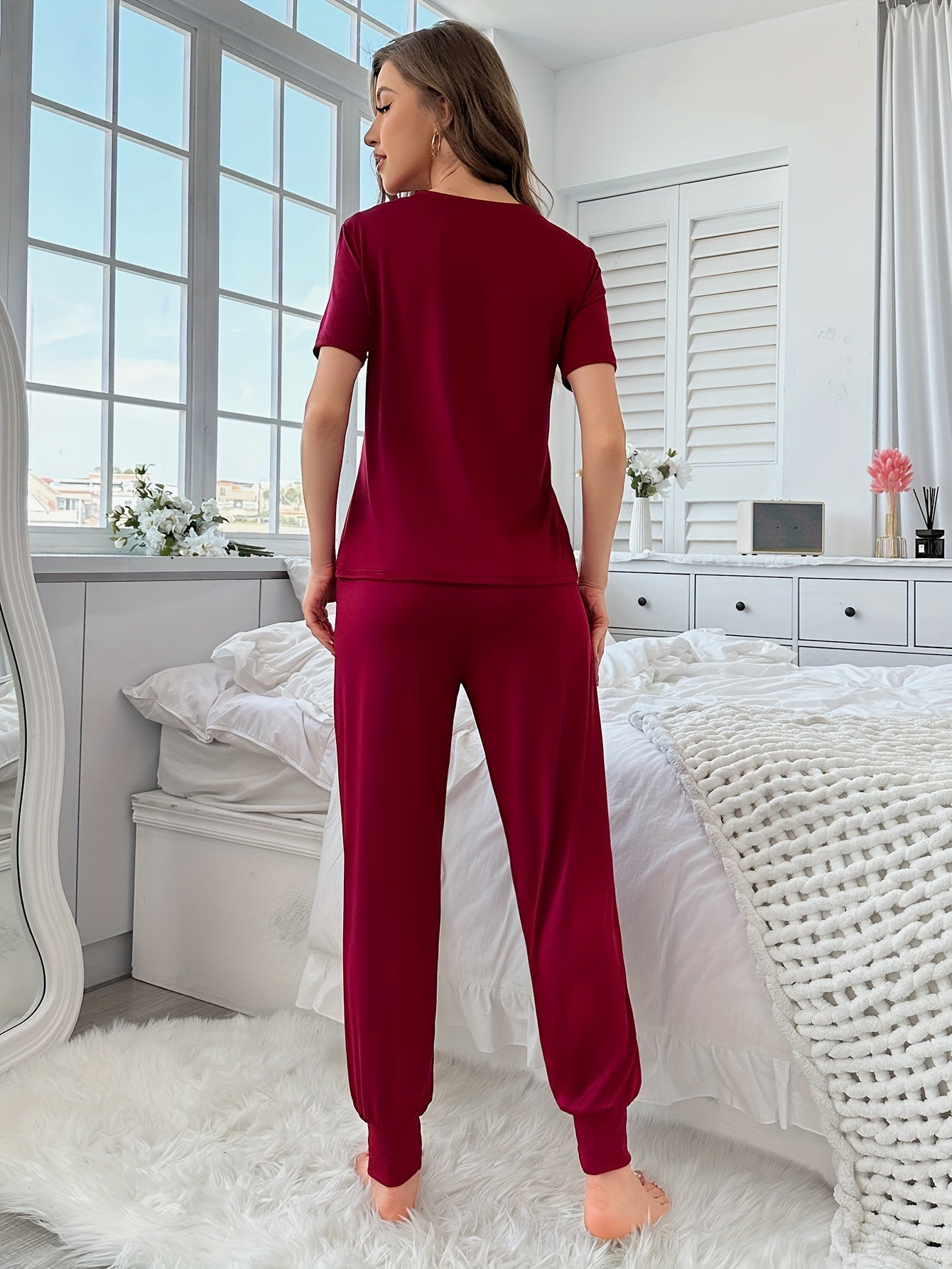 Women's Sleepwear Set with Letter Pattern Short Sleeve Top and Long Pants Summer Casual Knit Polyester