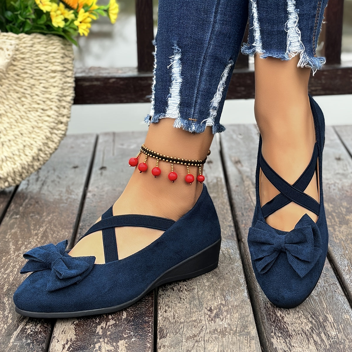 Women's Gray Mary Jane Flats with Bow - Lightweight Slip-On Comfort Shoes