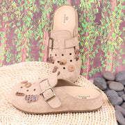 Women’s Microfiber Cartoon Letter Mule Shoes - Casual All-Season Flat Beige