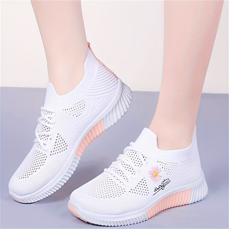 Women's Fabric Platform Sneakers with Flower Pattern Casual Lace-Up Low Top All-Season