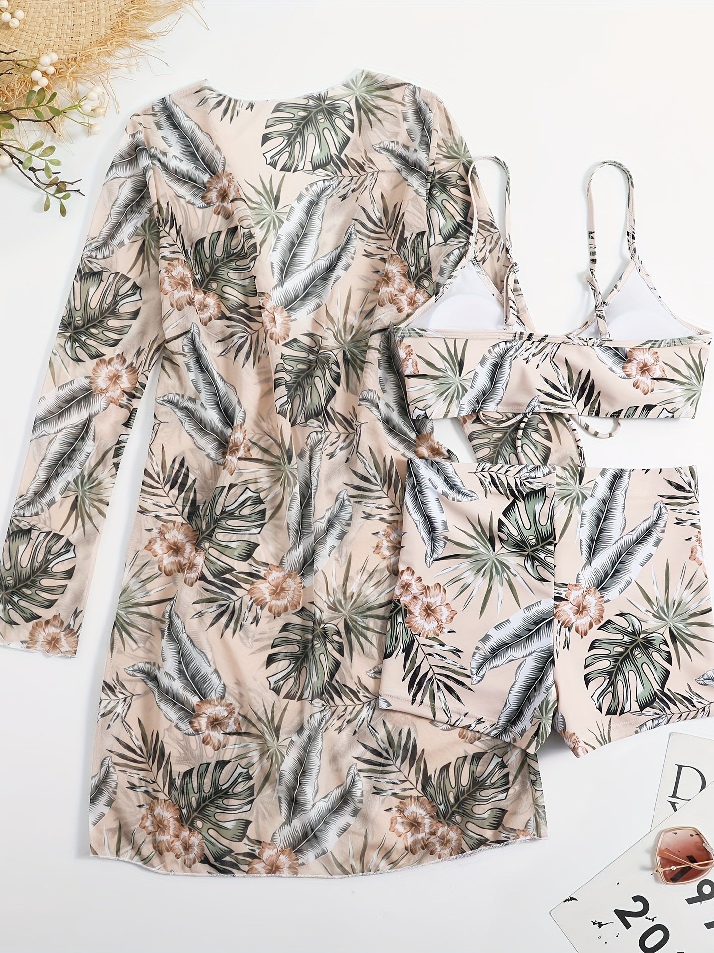 Geometric Print Bikini Set with V-Neck Boxer Shorts and Long Sleeve Cover Shirt for Women