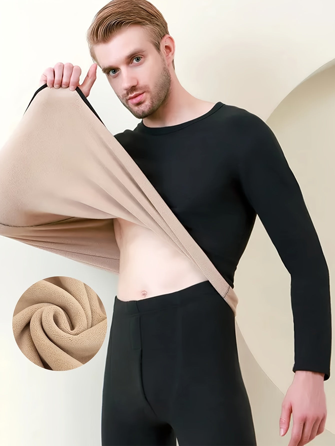 Men's Winter Thermal Underwear Set Fleece-Lined Long Sleeve Crew Neck and Pants