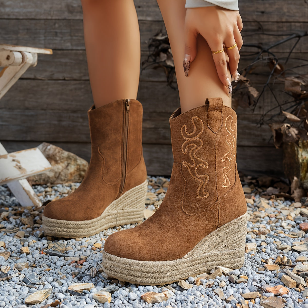 Женские вышитые льняные сапоги на каблуке для верховой езды с геометрическим узором, всесезонные