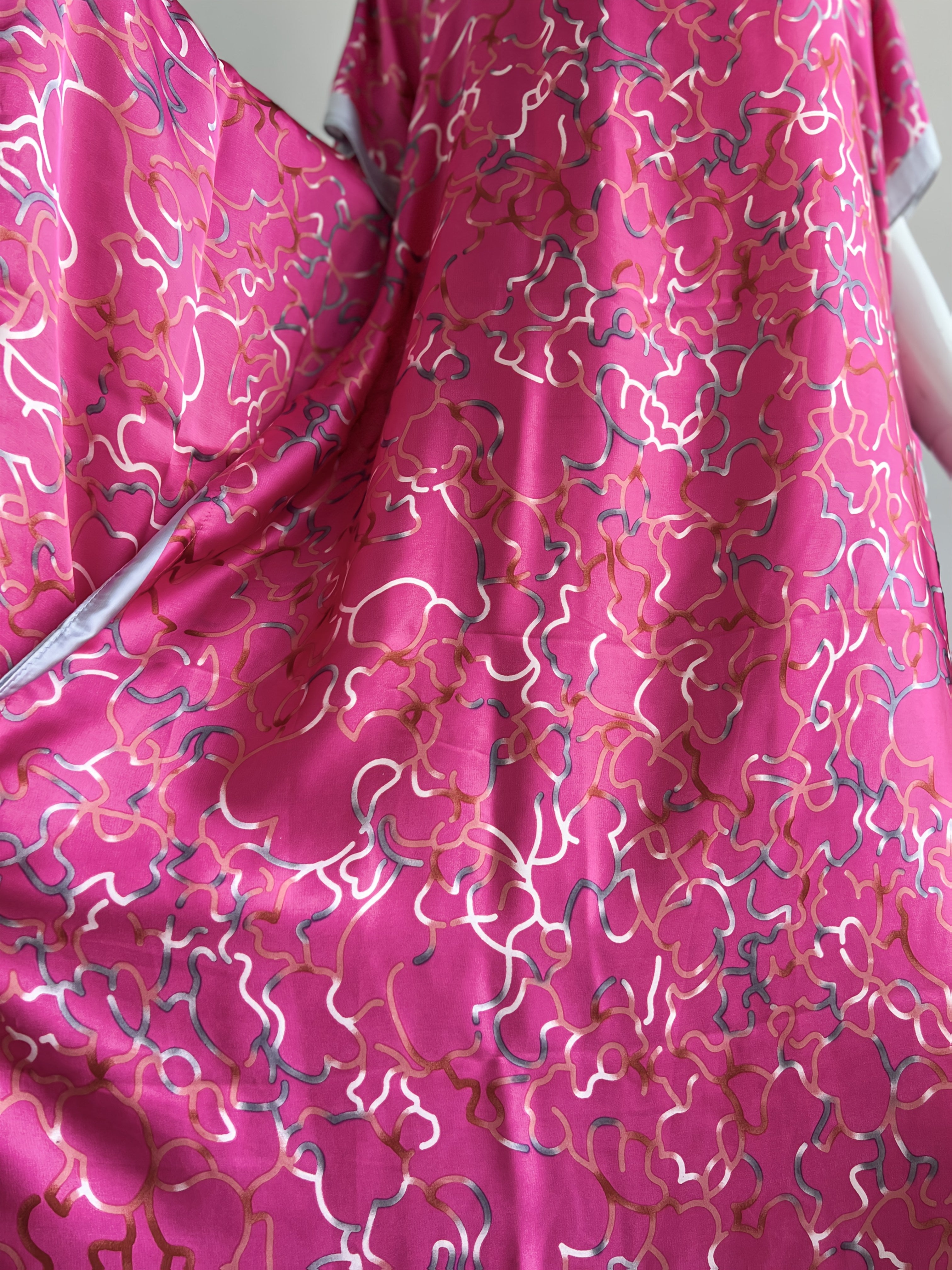 Plus Size Women's Pink Geometric Print Abaya With Headscarf Loose Fit Dress