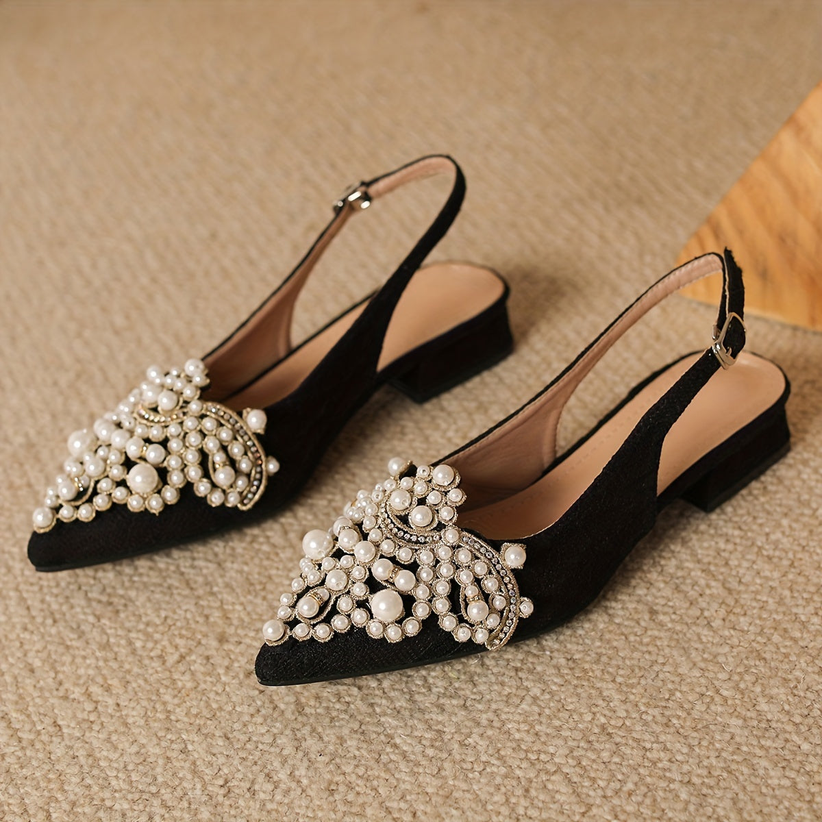 Women's Low Heel Shoes with Faux Pearl Decoration Pointed Toe Buckle Strap All-Season Elegant Fabric