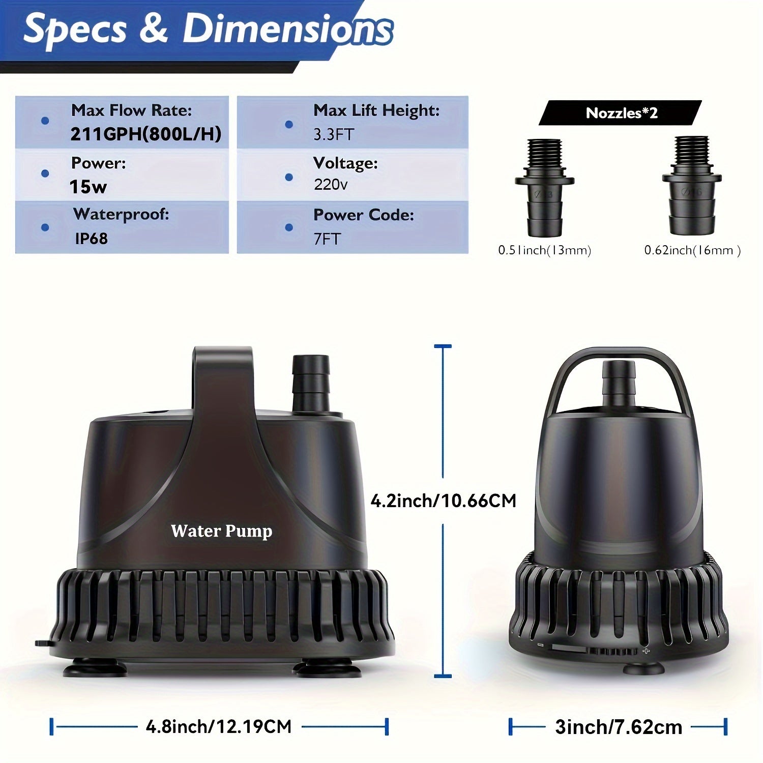 Submersible Water Pump 211GPH 15W for Aquarium Pond Fountain Waterfall Hydroponics