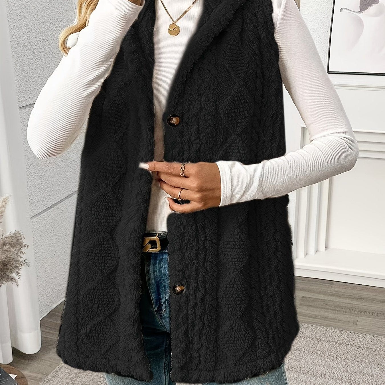 Women's Sleeveless Hooded Vest Solid Color Plush Texture Button Fall Winter Knit Fabric