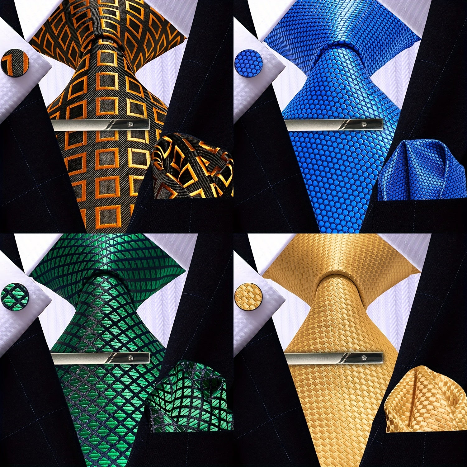 Men's Plaid Tie Pocket Square Cufflinks and Clip Set