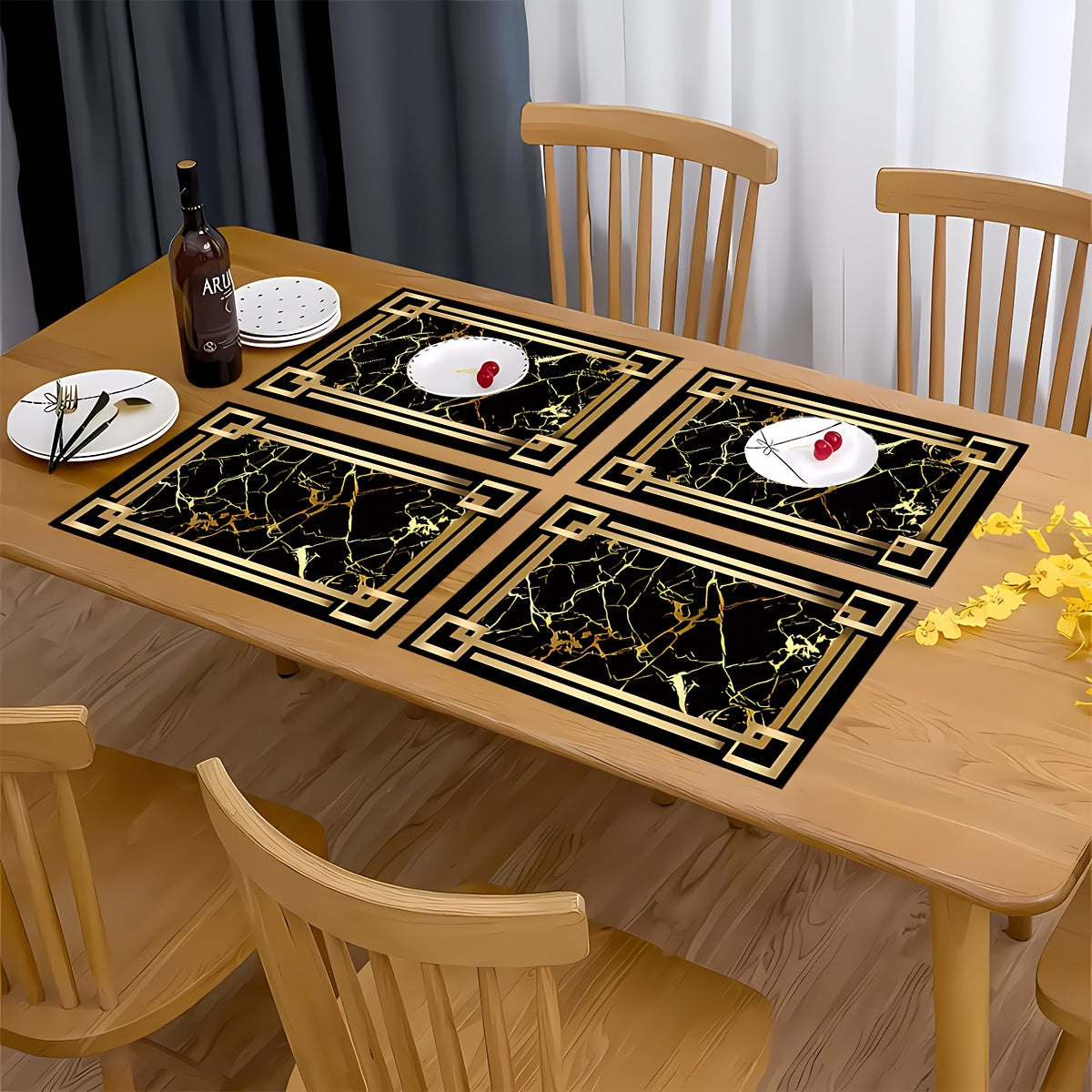 Black and Gold Patterned Table Mats for Dining and Kitchen Decor Set of Four