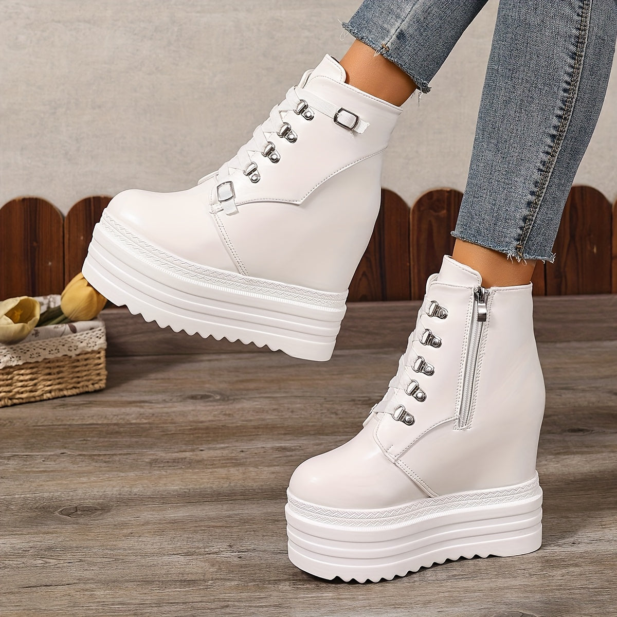 Женские ботинки на массивной платформе с синтетической отделкой, каблуки 14 см, застёжка-молния, комфорт