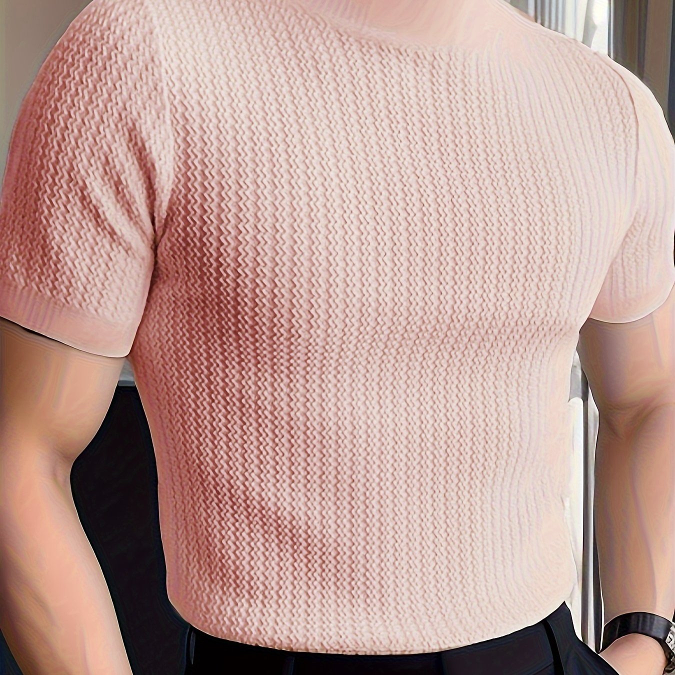 Men's High Neck Knit T-Shirt Short Sleeve Summer Casual Solid Polyester Skinny