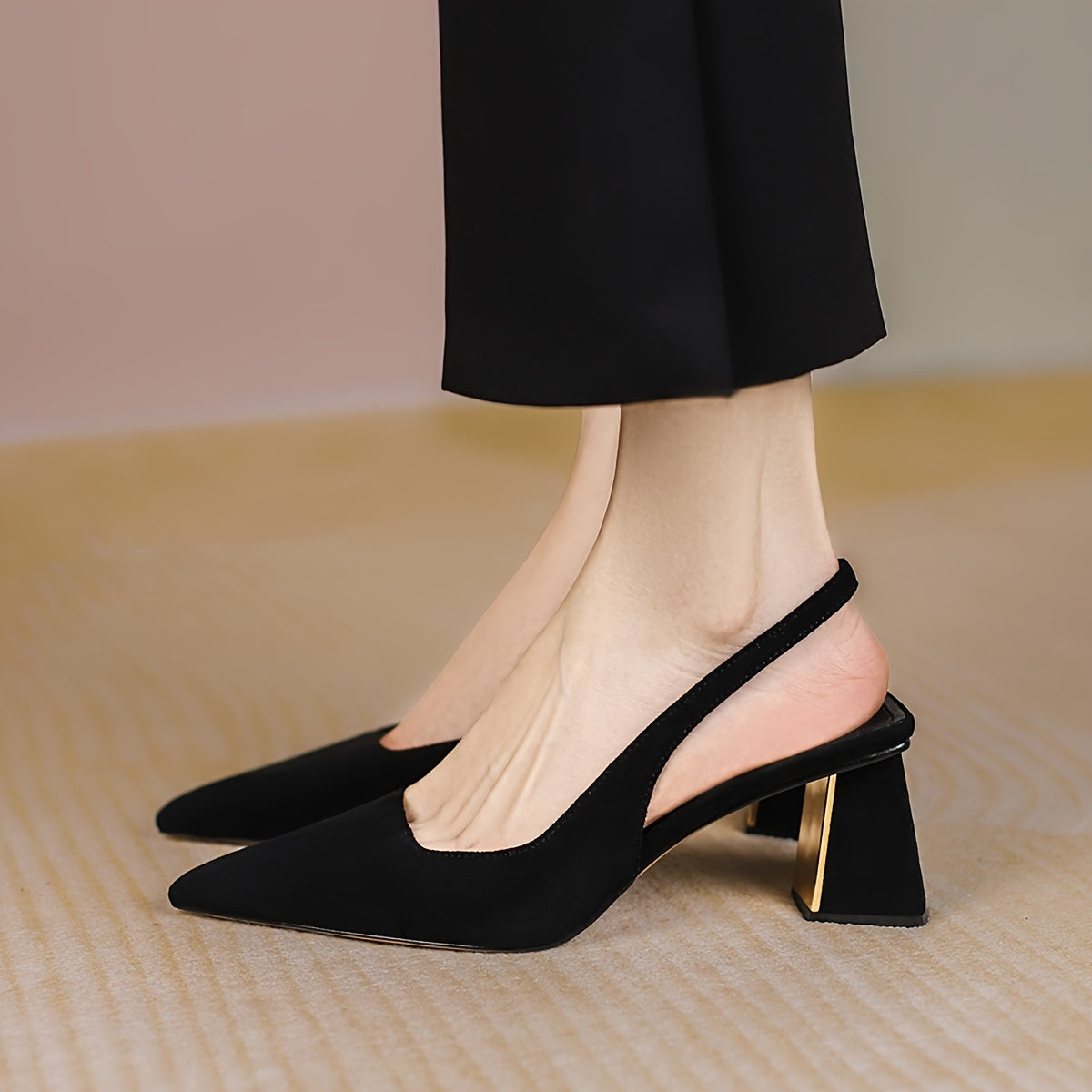 Women's Pointed Toe Block Heel Pumps with Fabric Upper and Rubber Sole