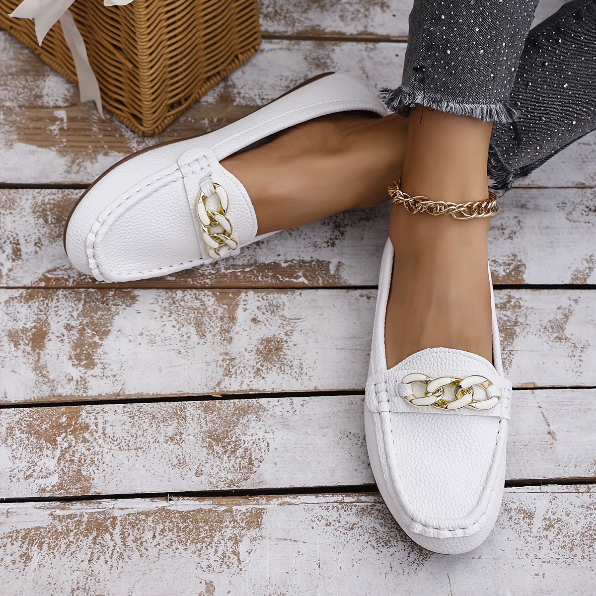 Women's Slip-On Loafers White Beige Black with Gold Chain Rubber Sole