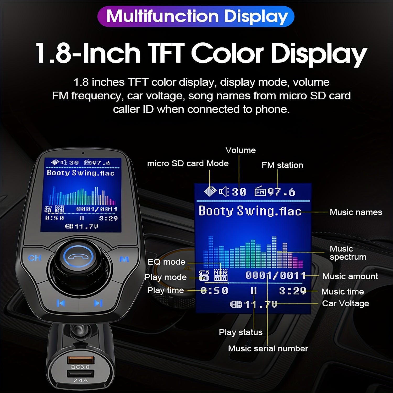 Kit de adaptador transmisor FM inalámbrico para coche con pantalla a color y cargador USB