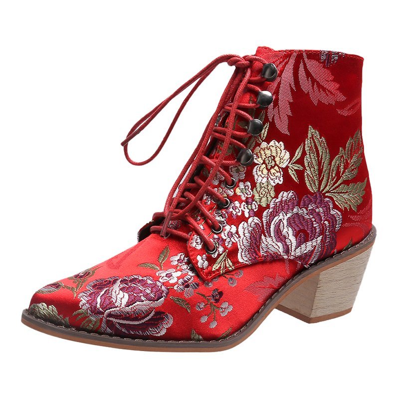 Women's Embroidered Floral Studded Pointed Toe Lace-Up Ankle Boots