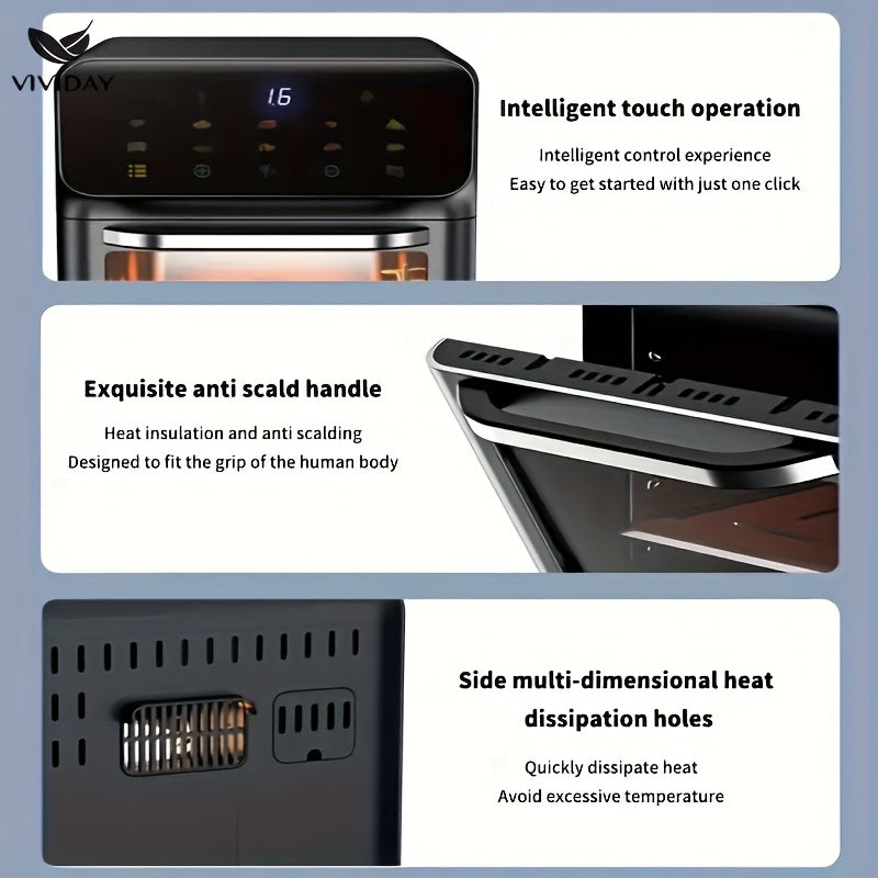 Raqamli sensorli ekran va vizual oynaga ega ko‘p funksiyali havo qovurgich, kichik oshxonalarda pishirish, shashlik qilish, qayta isitish va yog‘siz qovurish uchun ideal.