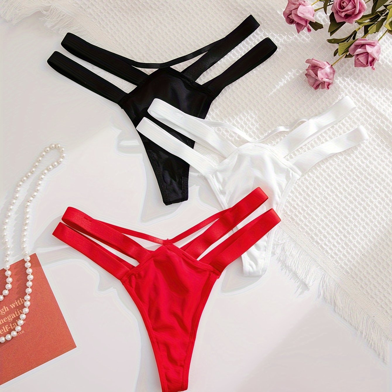Set de 3 tangas para mujer negro, blanco y rojo, de nylon y elastano, cómodas y elegantes