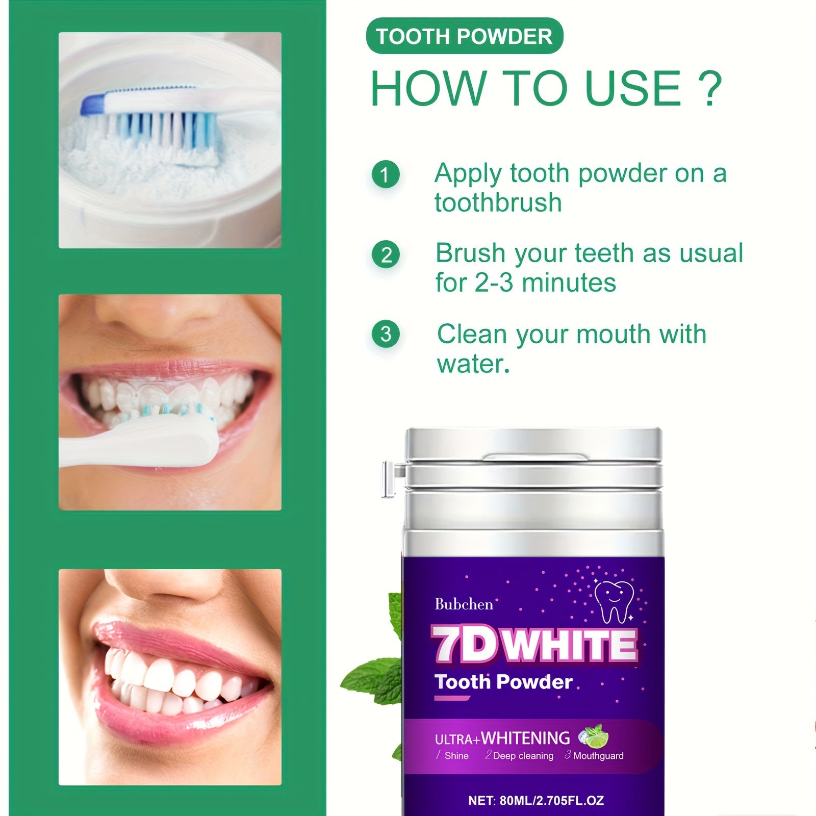 Whitening Tooth Powder with Natural Pearl Essence Mint Flavor 80ml Deep Clean Stain Removal
