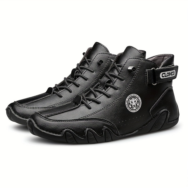 Men's Short Boots with Plush Lining and Hand-Stitched Octopus Design Casual PU High-Tops for All Seasons