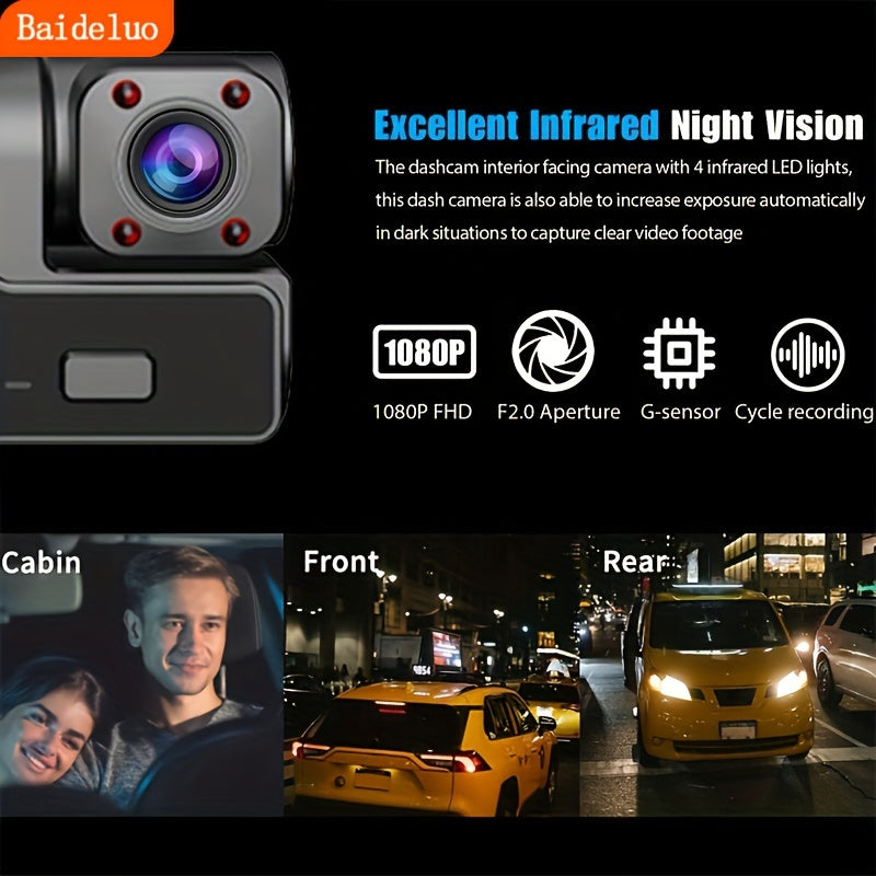 Three-Lens 1080P HD Car Dashcam with Night Vision and Reversing Camera