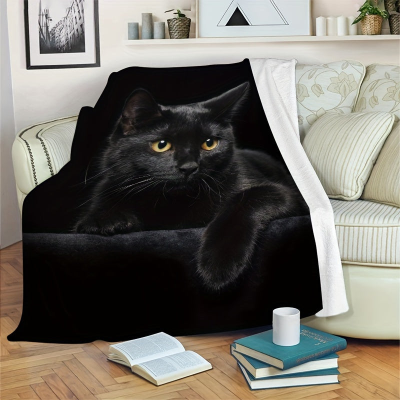 Black Cat Flannel Throw Blanket Cozy Soft Sofa Bed Halloween Gift