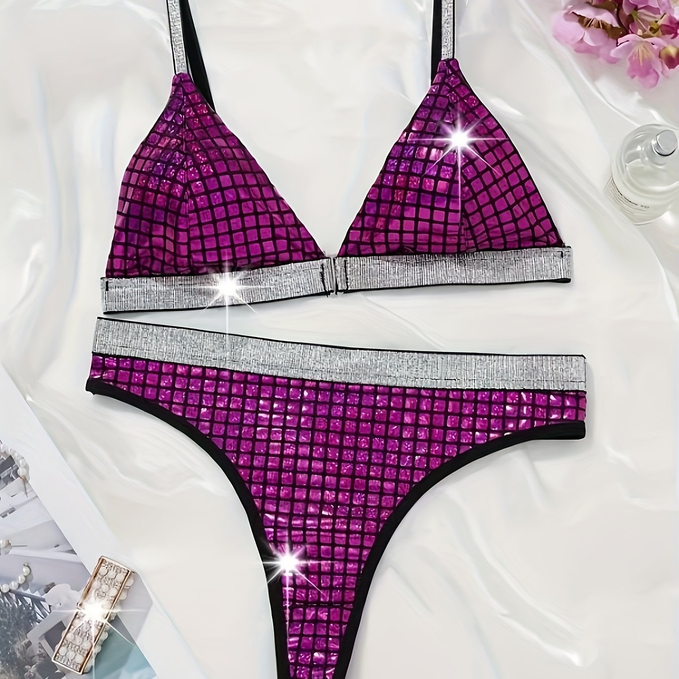 Women's Lingerie Sparkling Hot Bra Set in Gold and Blue Grid Pattern