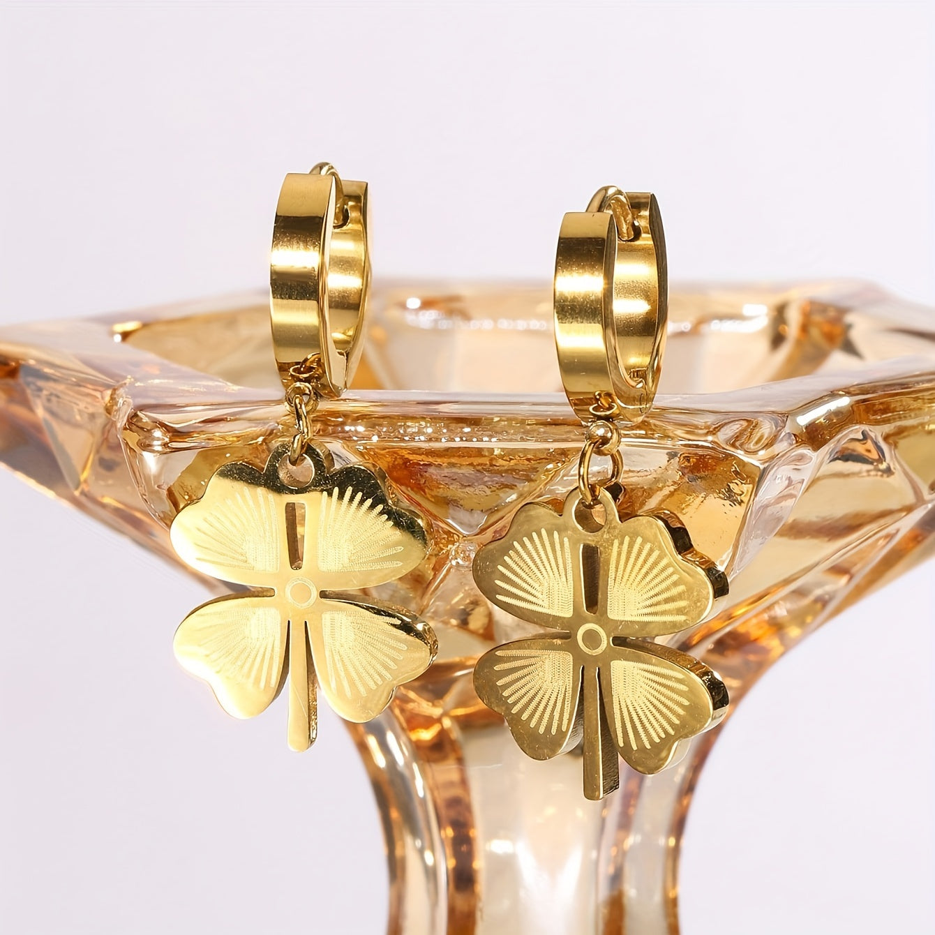 Women Clover Jewelry Set 18K Gold Plated Stainless Steel Necklace Earrings No-Stone Gift