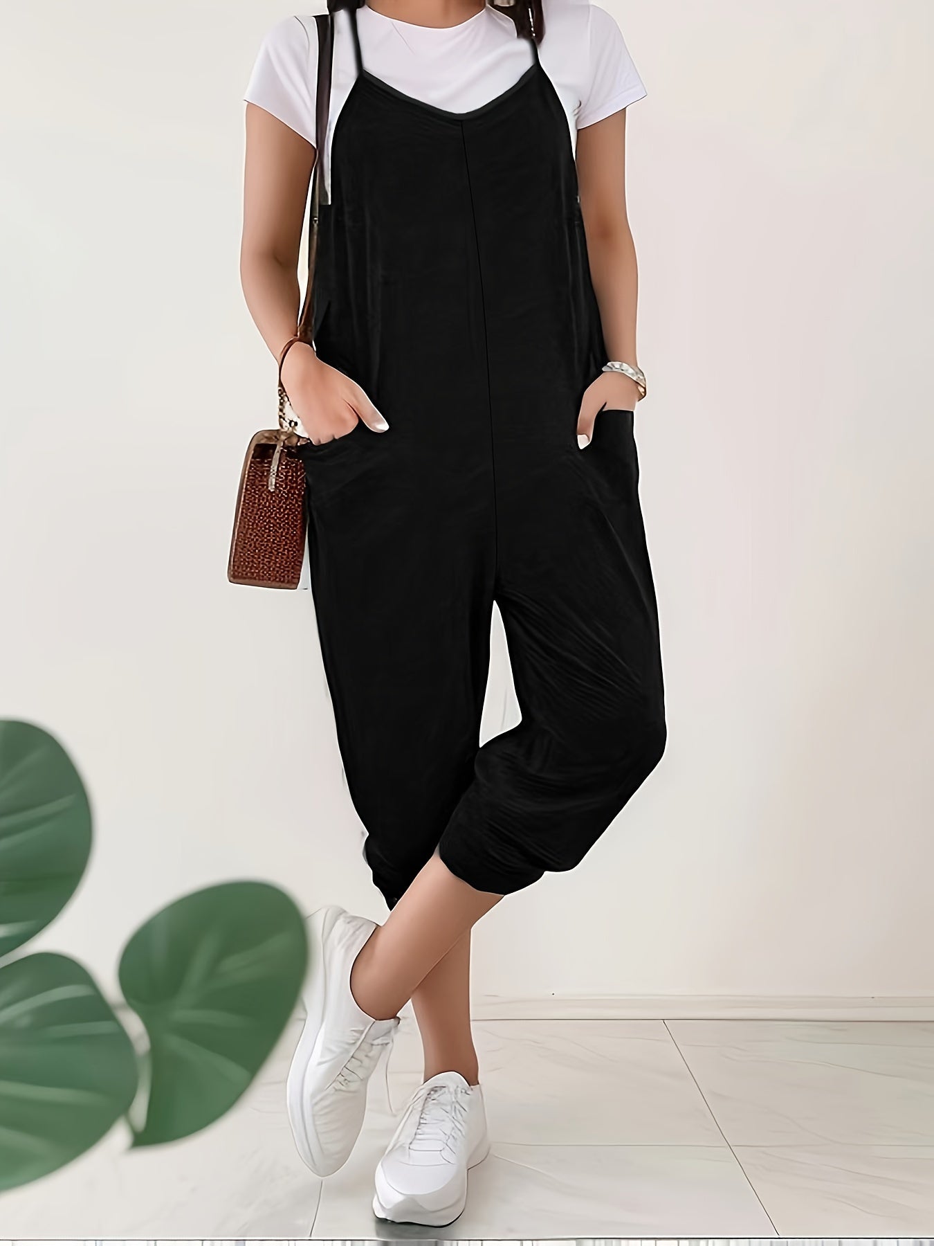 Mono sin mangas de talla grande para mujer con escote en V y bolsillos, ligero y transpirable, de color sólido