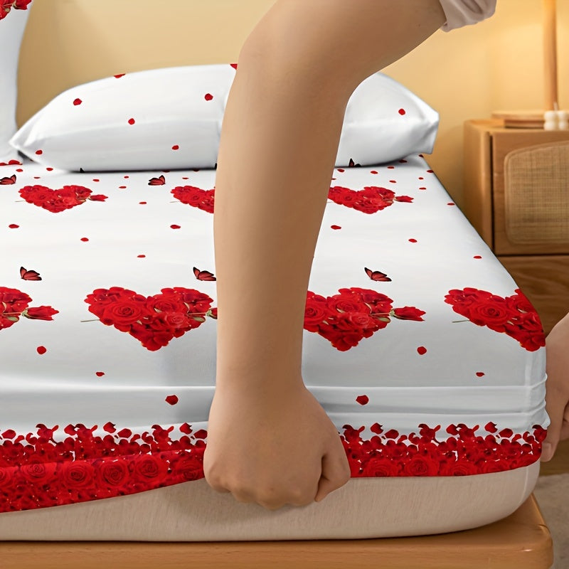 Fitted Sheet with Romantic Rose and Heart Print Deep Pockets Easy Wash for Bedroom Guest Room
