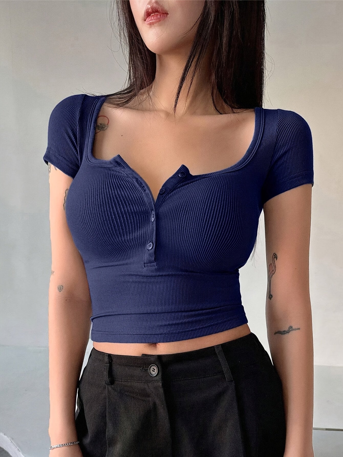 Women's Brown Square Neck Ribbed Knit T-Shirt in Polyester Elastane All Seasons