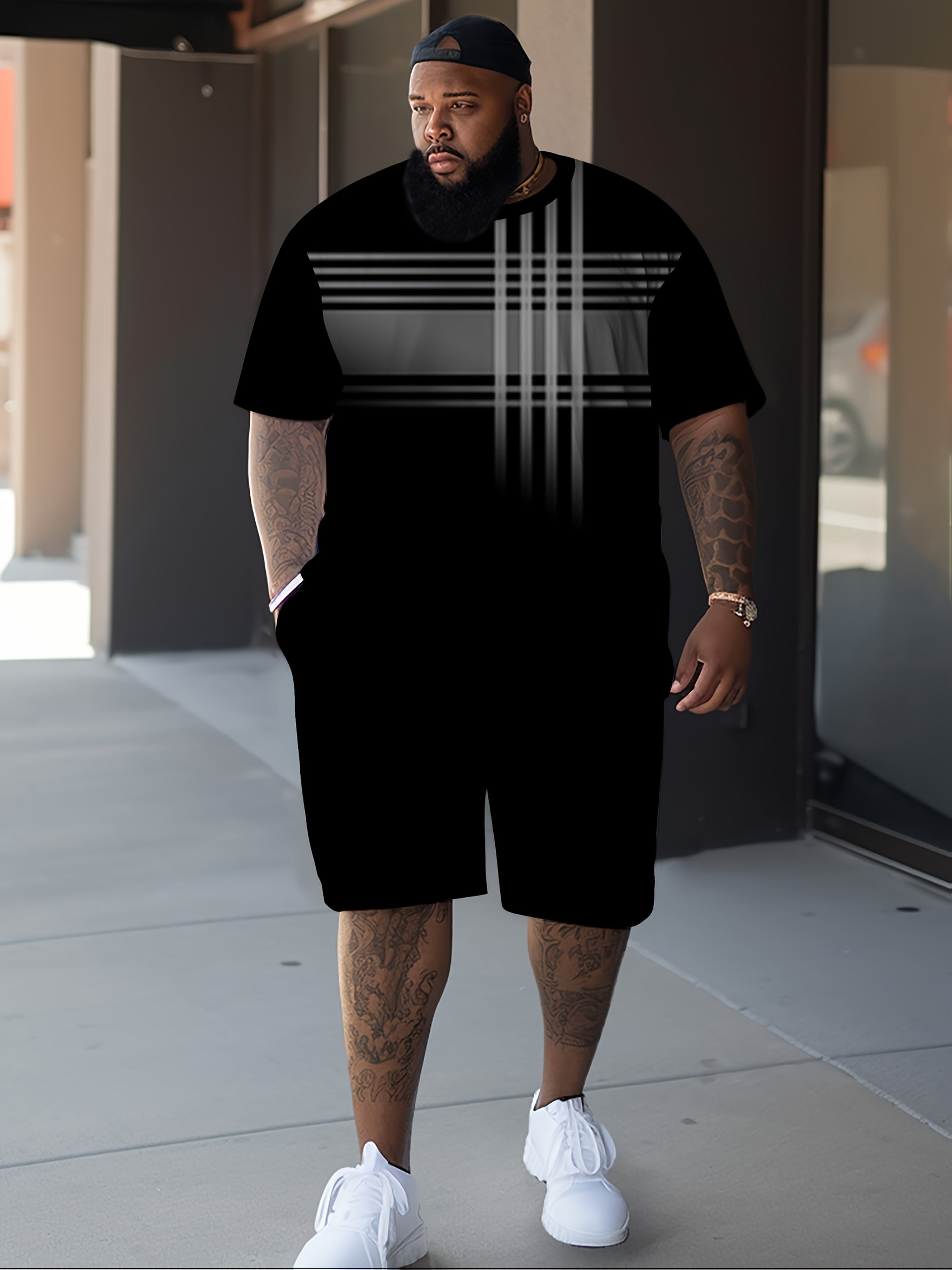 Men's Casual Short Sleeve Plaid and Printed Set Polyester Knit Fabric