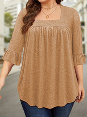 Plus Size Women's Casual Square Neck Blouse with Ruffled Sleeves Cotton Top All-Season Comfort