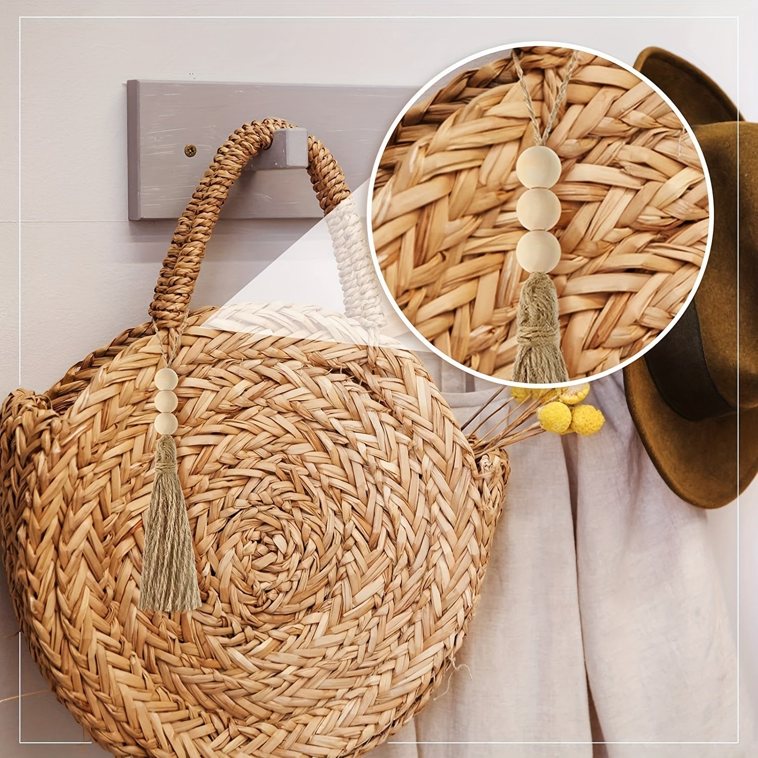 Set of 10 Natural Jute Rope Tassels with Wooden Beads for DIY Decor and Garlands