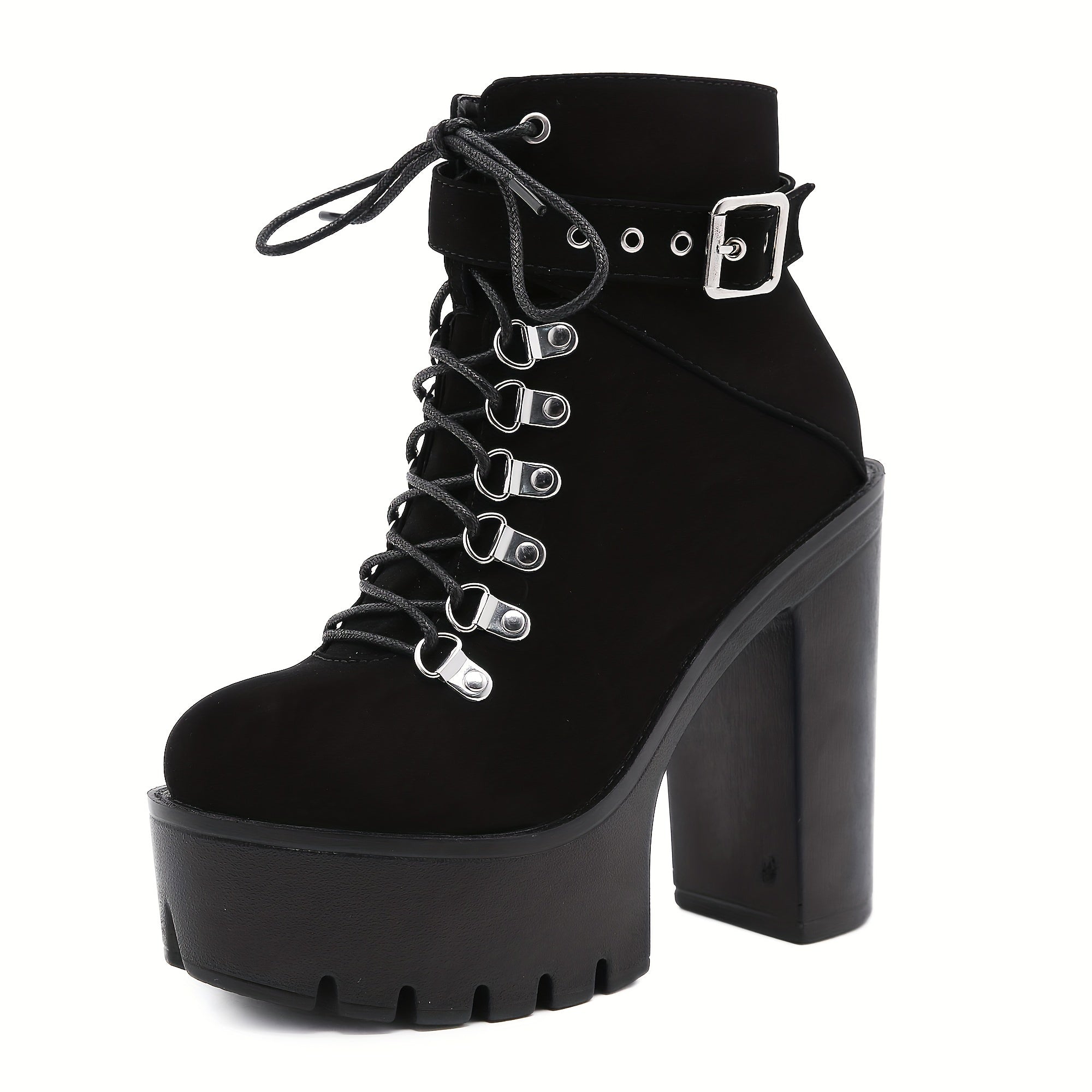 Women's Black Platform Ankle Boots with Buckles and Side Zipper for Nightclub