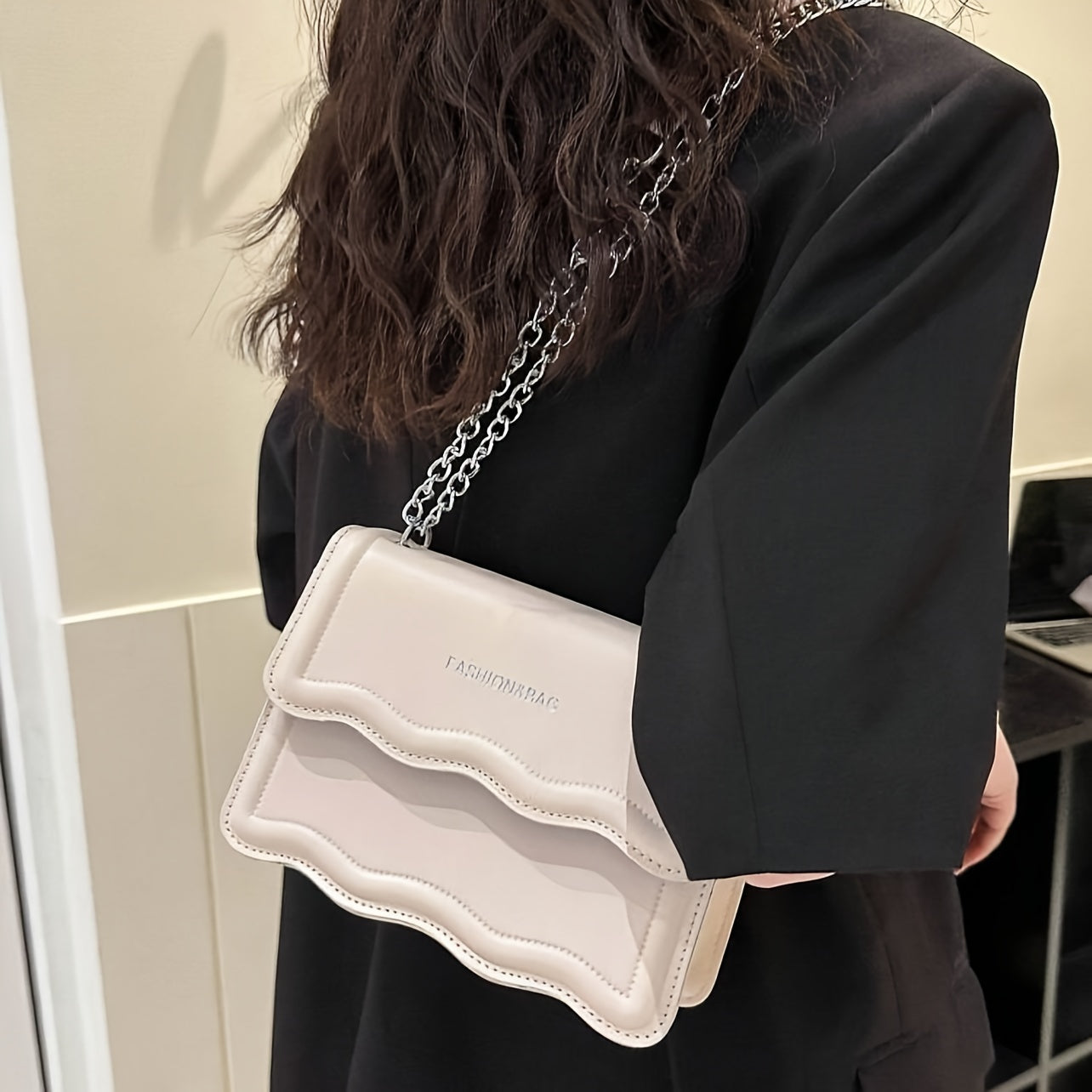 Small Square PU Crossbody Bag with Scallop Detail and Chain Shoulder Strap