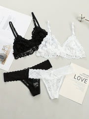 Women's Lace Lingerie Set Black and White Seamless Bralette and Panty 2-Piece