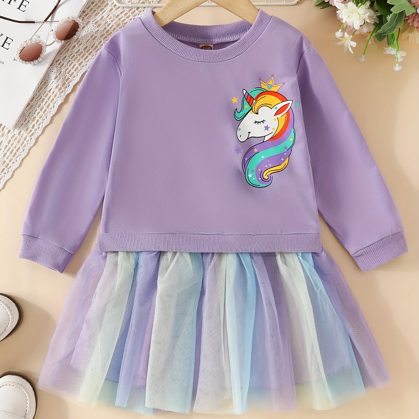 Girls Rainbow Tutu Dress with Unicorn Print Long Sleeve Midi Autumn Spring