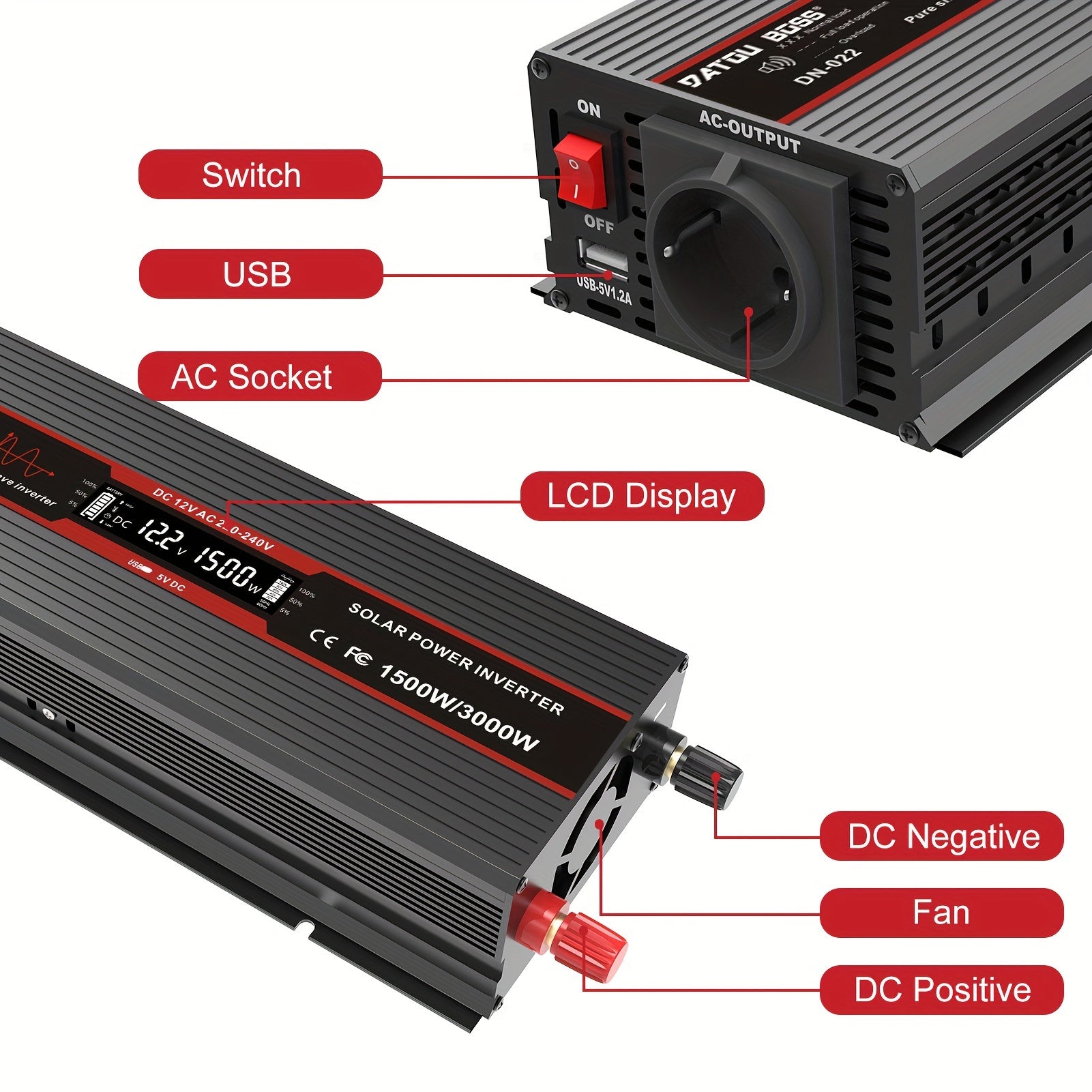Inversor de corriente de onda sinusoidal pura de 1500W 3000W pico para acampada y viajes al aire libre