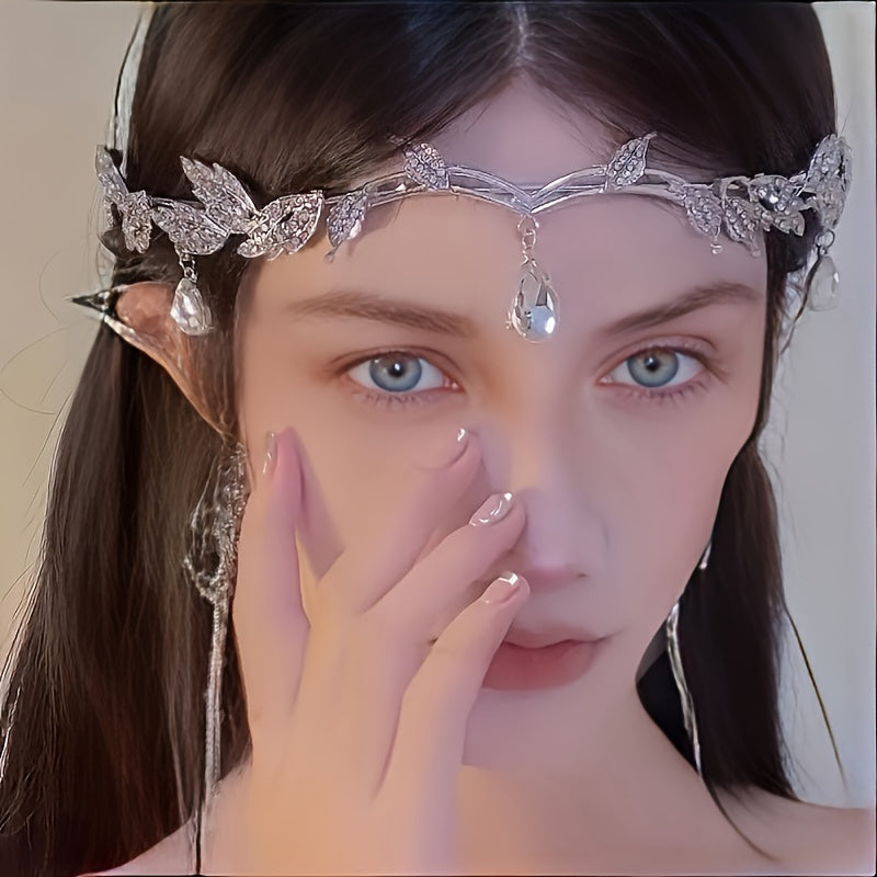 Adjustable Crystal Leaf Crown for Women Fairy Headdress Costume Jewelry for Weddings and Parties