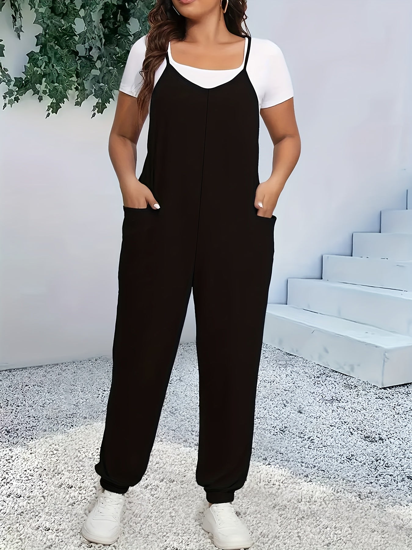 Plus Size Women's V-Neck Jumpsuit Sleeveless Romper with Pockets