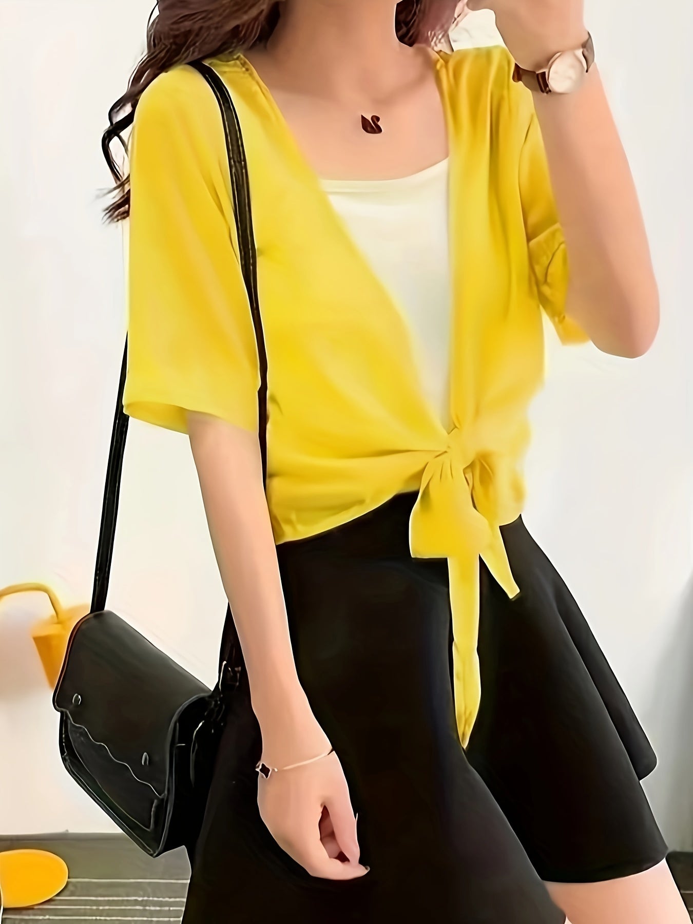Plus Size Women's Semi-Sheer Tie-Front Blouse Vibrant Yellow Black Long Sleeve Top