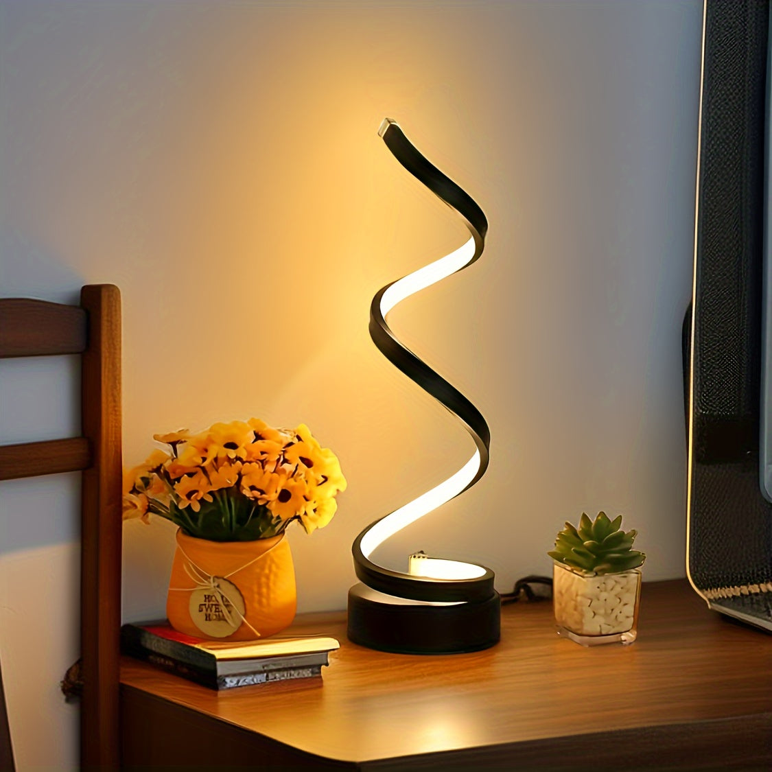 Spiral LED Desk Lamp Adjustable Brightness USB-Powered Metal Art for Bedroom Study Living Room
