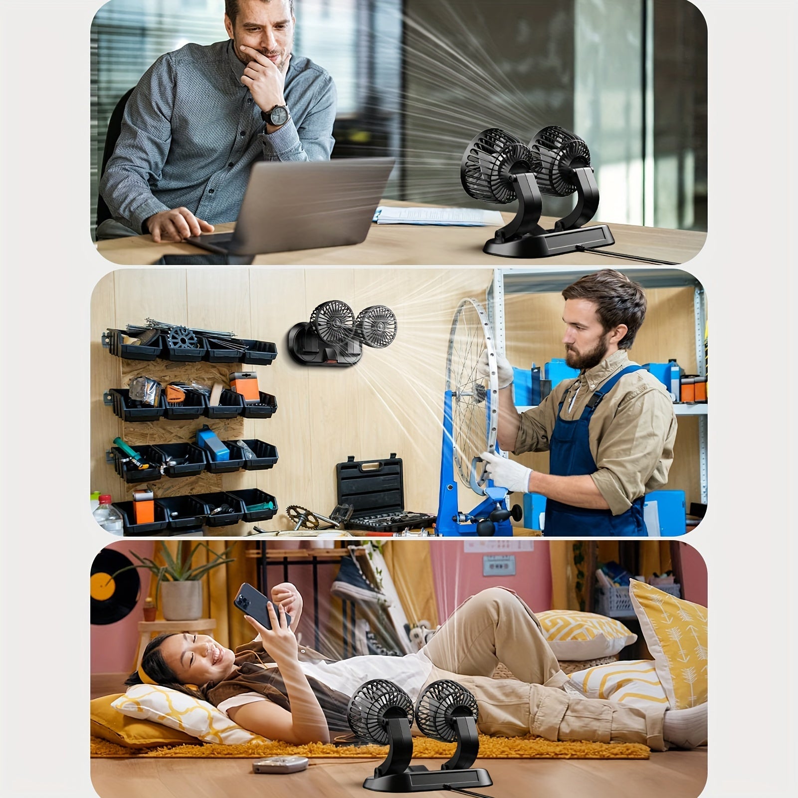 Dual-Head USB Car Fan with 3 Speeds and 360° Rotation for Vehicles and Office