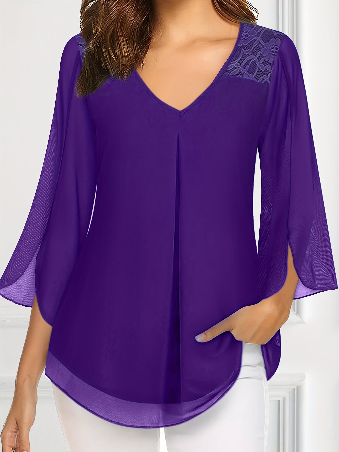 Women's Plus Size V-Neck Blouse with Lace Detail Flared Sleeves Polyester