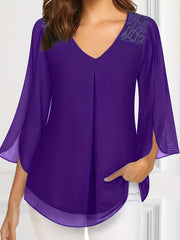 Women's Plus Size V-Neck Blouse with Lace Detail Flared Sleeves Polyester