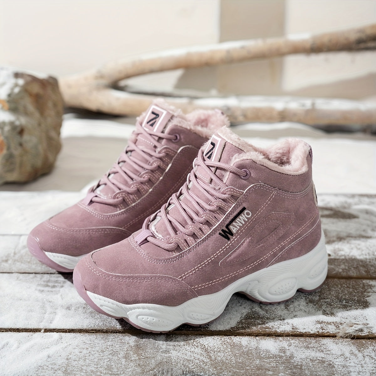 Women's Beige Fleece-Lined Platform Ankle Boots with Lace-Up Closure