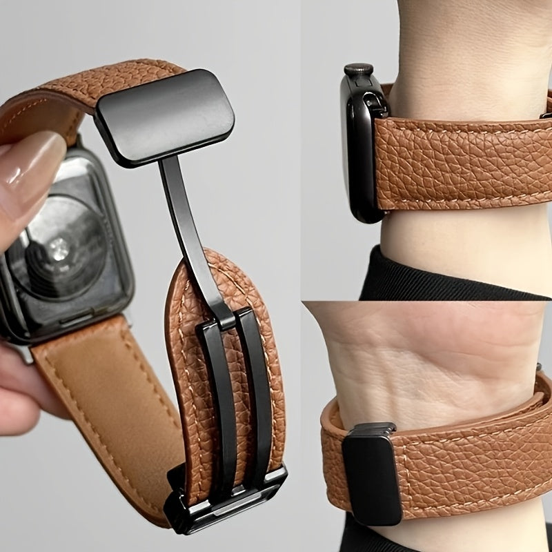 Litchi Pattern Patent Leather Apple Watch Strap Water-Resistant with Magnetic Buckle Beige Dark Brown